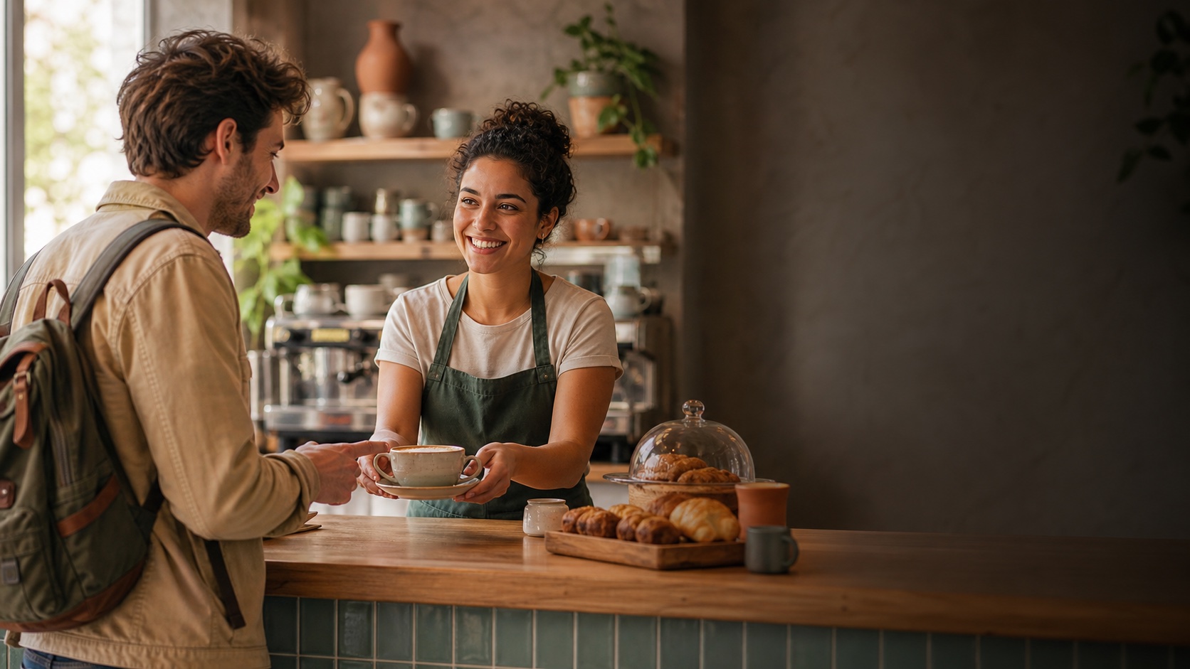 Original language-learning scene of a traveler ordering coffee from a barista in a welcoming café